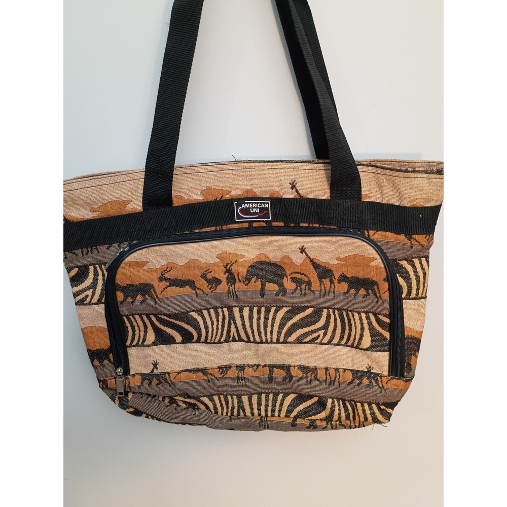 American Uni Safari Tapestry Tote Bag Woven Animal Print Elephant Giraffe Brown